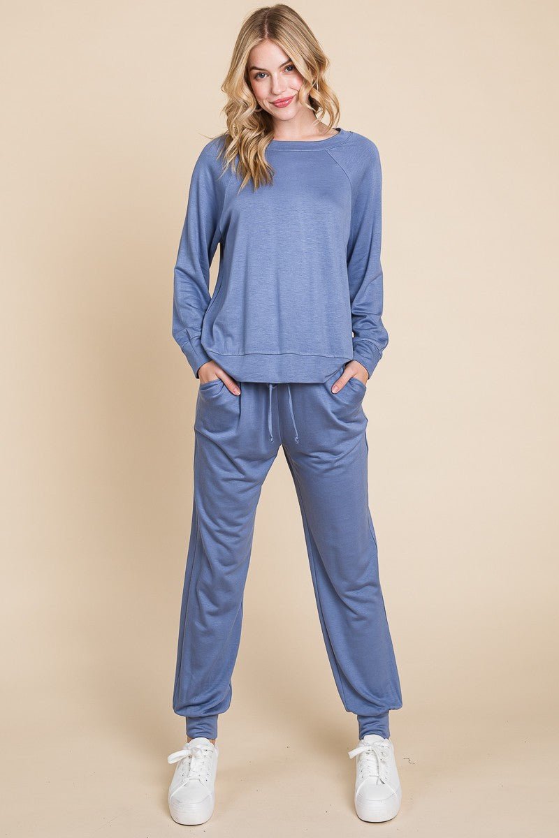 SUPER LADY - Powder Blue Raglan Sleeve Top & Pants Lounge Set