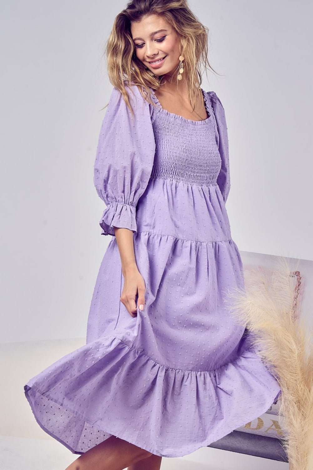 Swiss Dot Flounce Sleeve Midi Dress in LavenderMidi DressBiBi