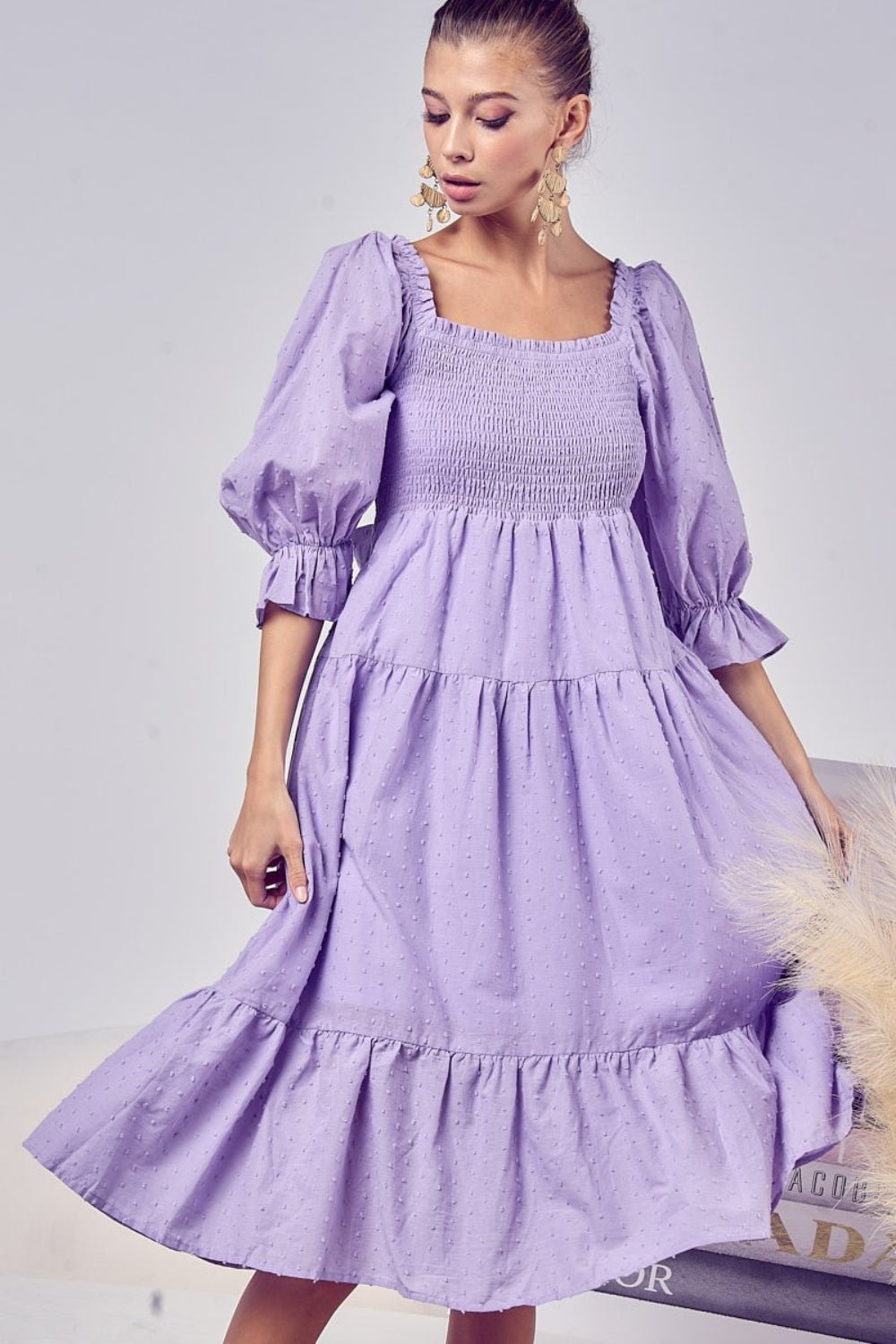 Swiss Dot Flounce Sleeve Midi Dress in LavenderMidi DressBiBi