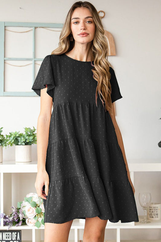 Swiss Dot Short Sleeve Tiered Mini Dress in BlackMini DressHeimish