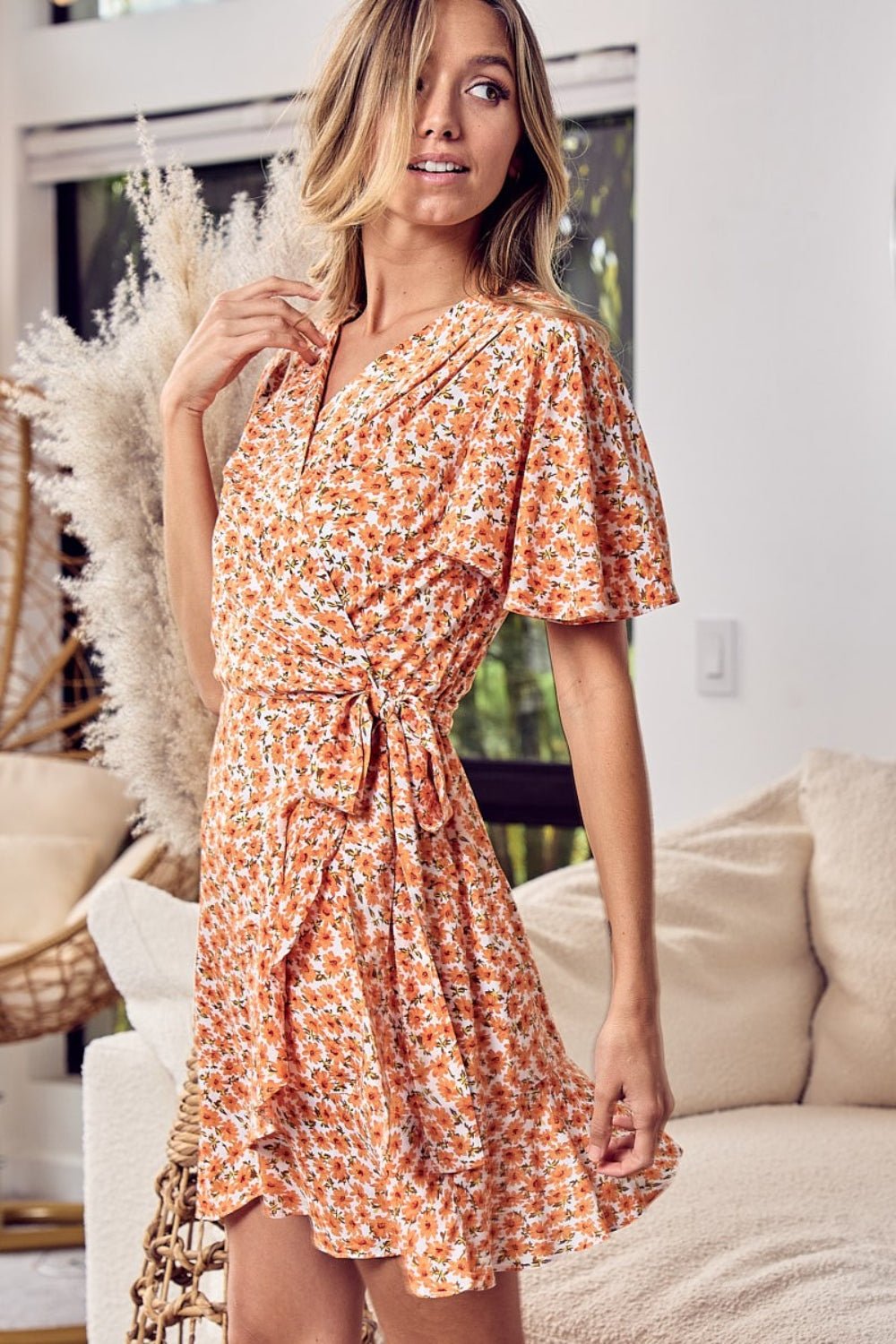 Tangerine Floral Short Sleeve Mini Wrap DressMini DressBiBi