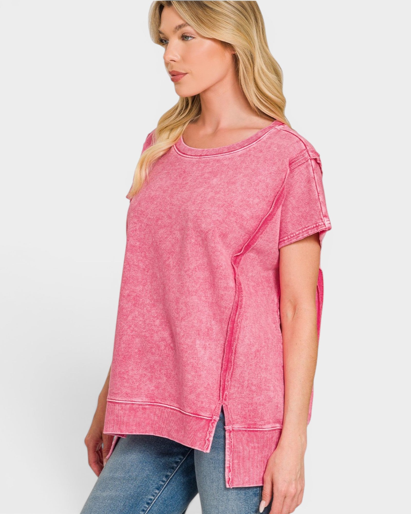 Mineral Raspberry Raw Seam Short Sleeve Sweatshirt Top