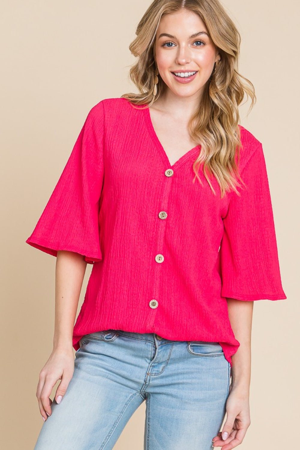 Textured Button Front V-Neck Top in FuchsiaTopBOMBOM