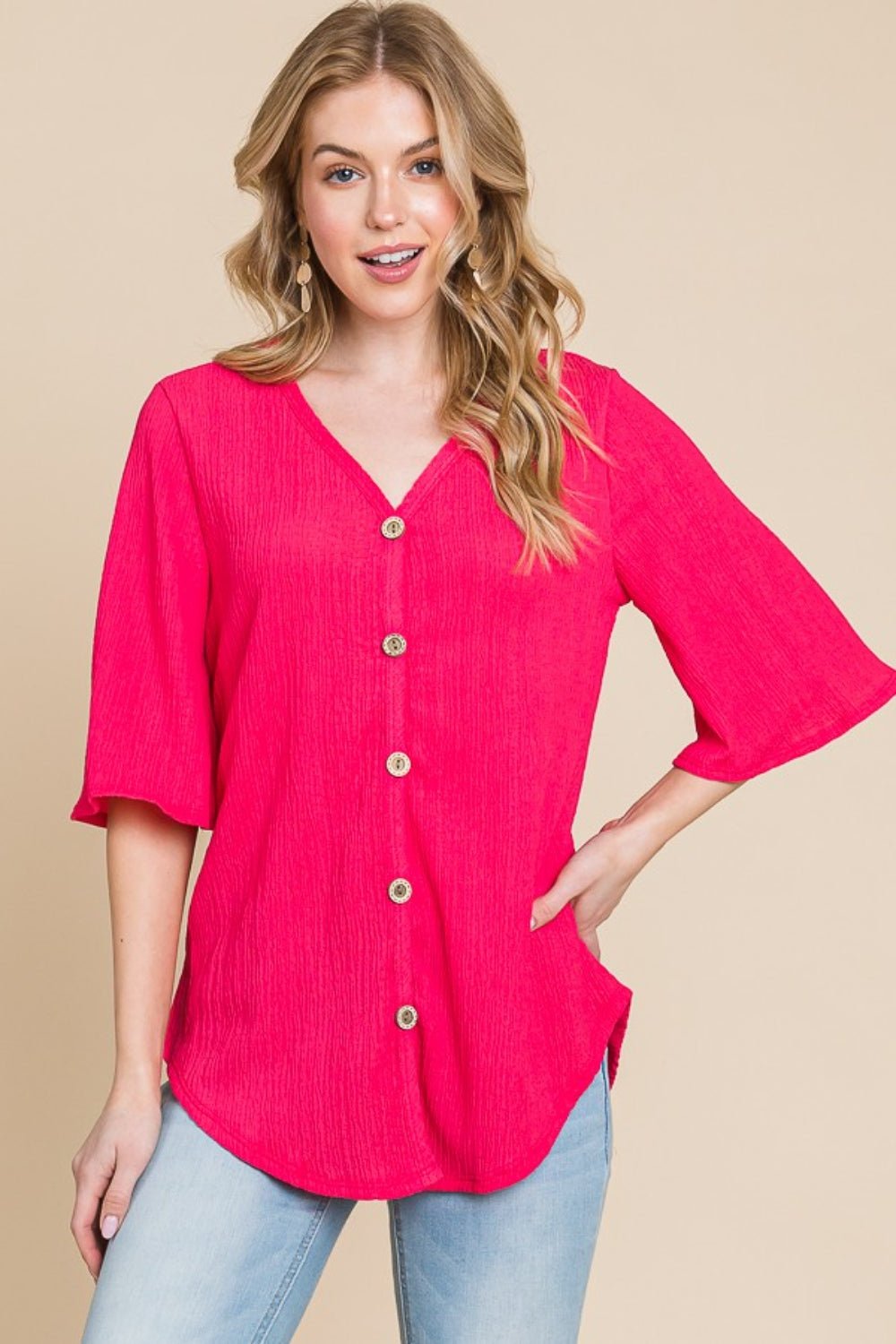 Textured Button Front V-Neck Top in FuchsiaTopBOMBOM