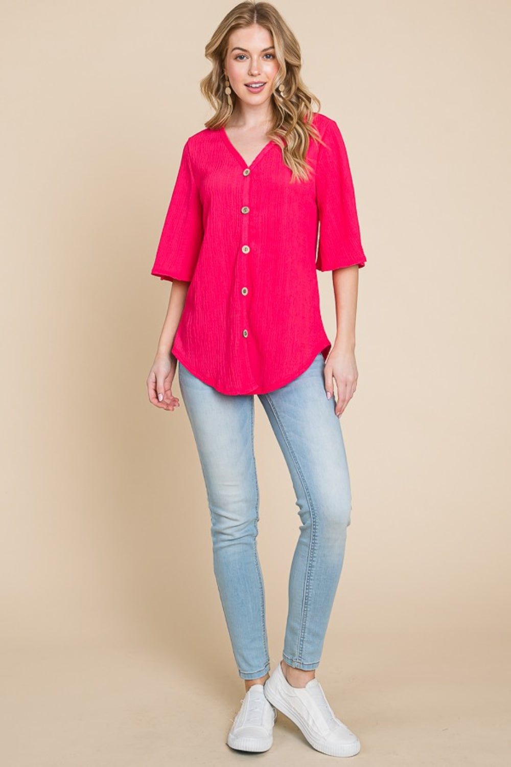 Textured Button Front V-Neck Top in FuchsiaTopBOMBOM