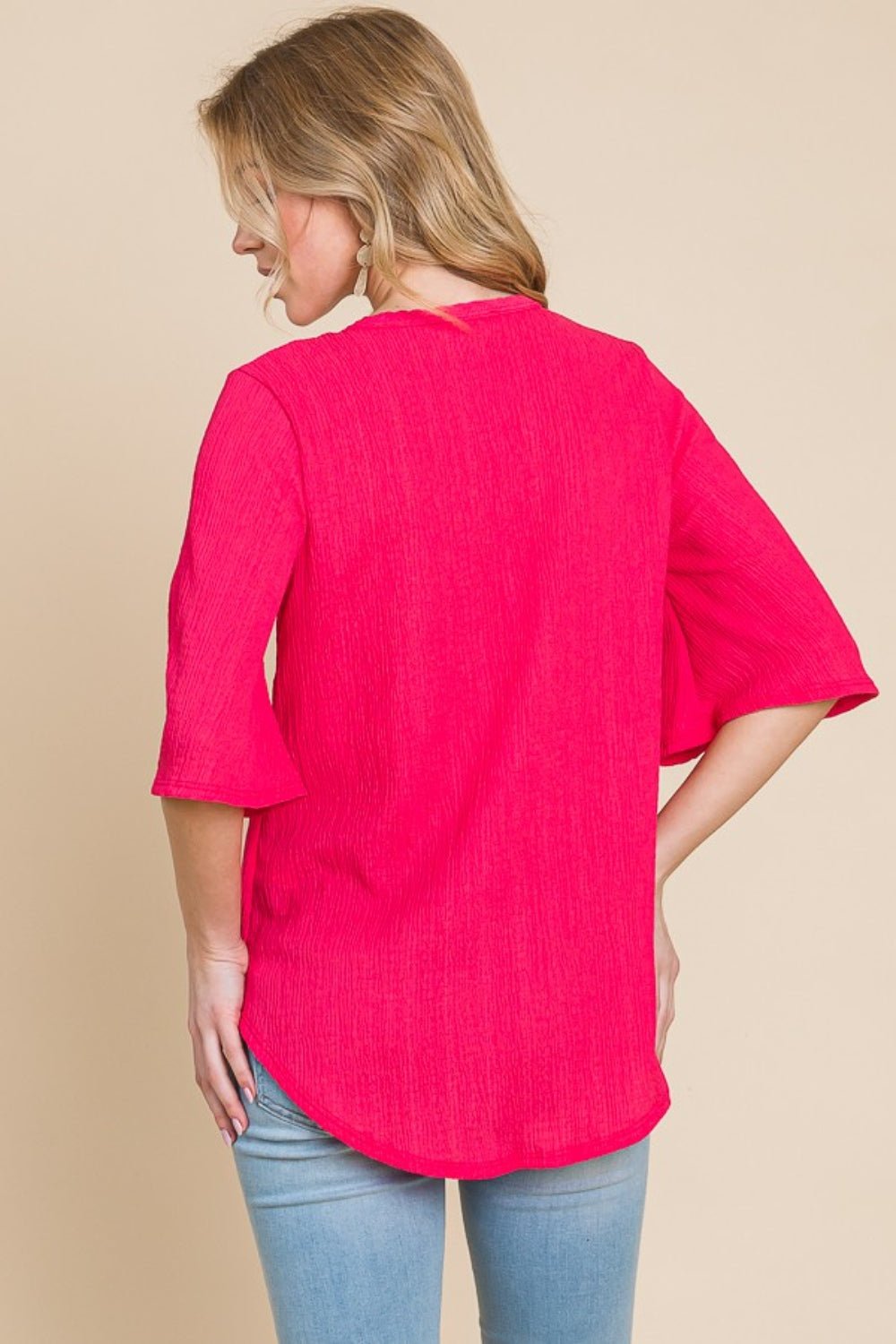 Textured Button Front V-Neck Top in FuchsiaTopBOMBOM