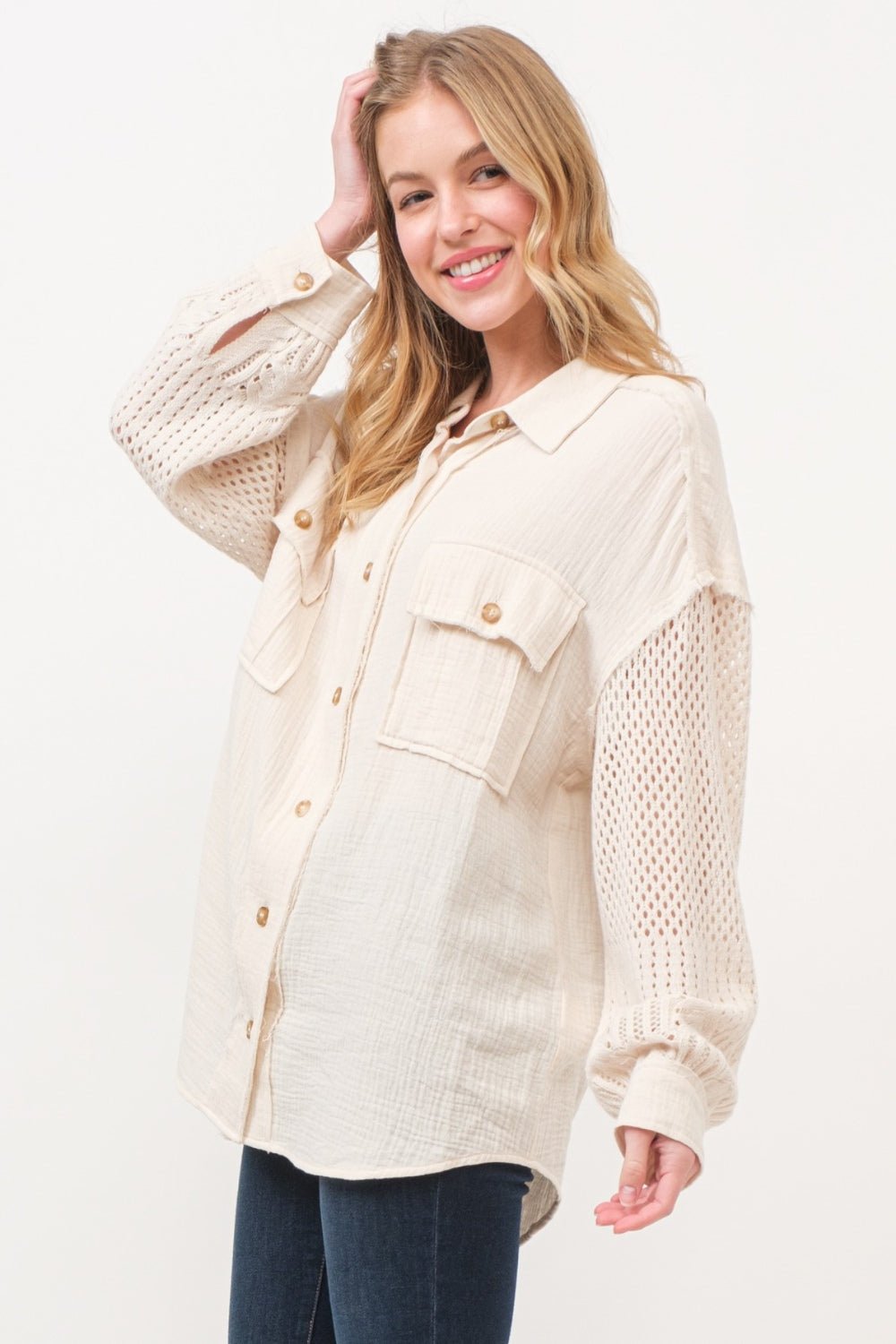 Textured Button Up Crochet Sleeve Shirt in CreamShirtAnd the Why