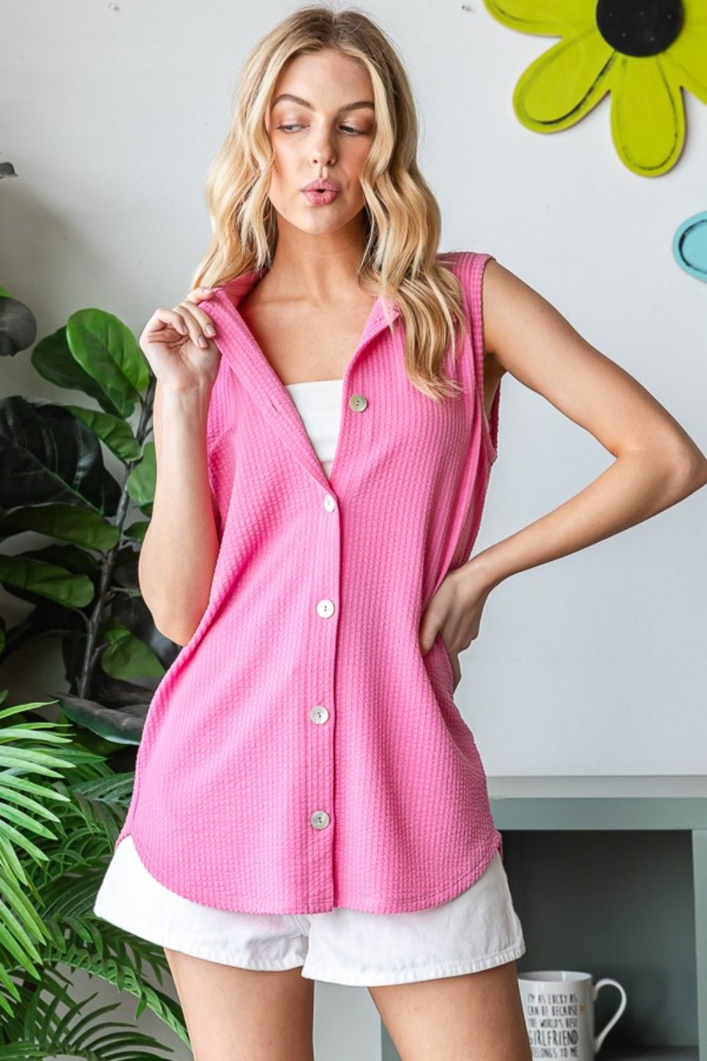 Textured Button Up Sleeveless Top in PinkTopHeimish