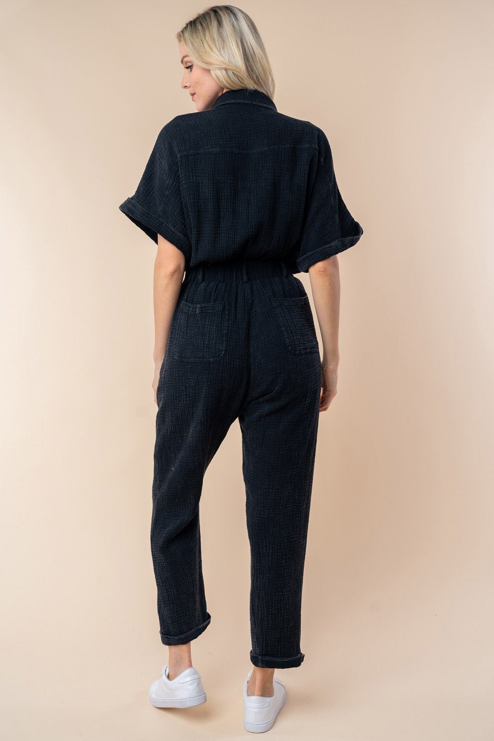 Textured Cotton Short Sleeve Jumpsuit in BlackJumpsuitWhite Birch