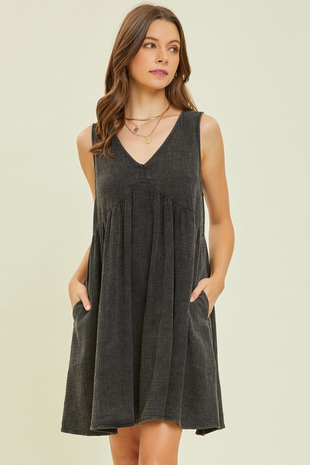 Textured Cotton Sleeveless Mini Dress in BlackMini DressHEYSON