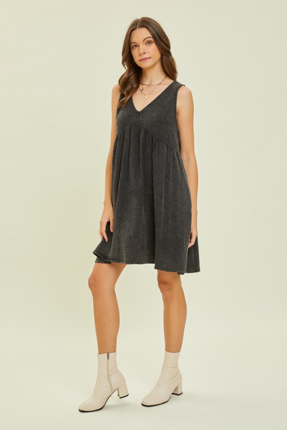 Textured Cotton Sleeveless Mini Dress in BlackMini DressHEYSON