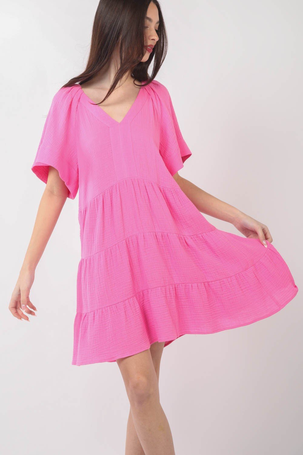 Textured Cotton V-Neck Ruffled Tiered Mini Dress in PinkMini DressVery J