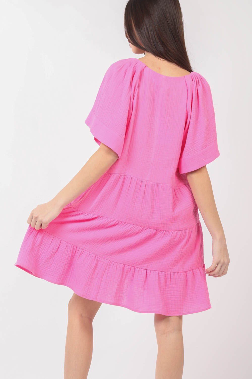 Textured Cotton V-Neck Ruffled Tiered Mini Dress in PinkMini DressVery J