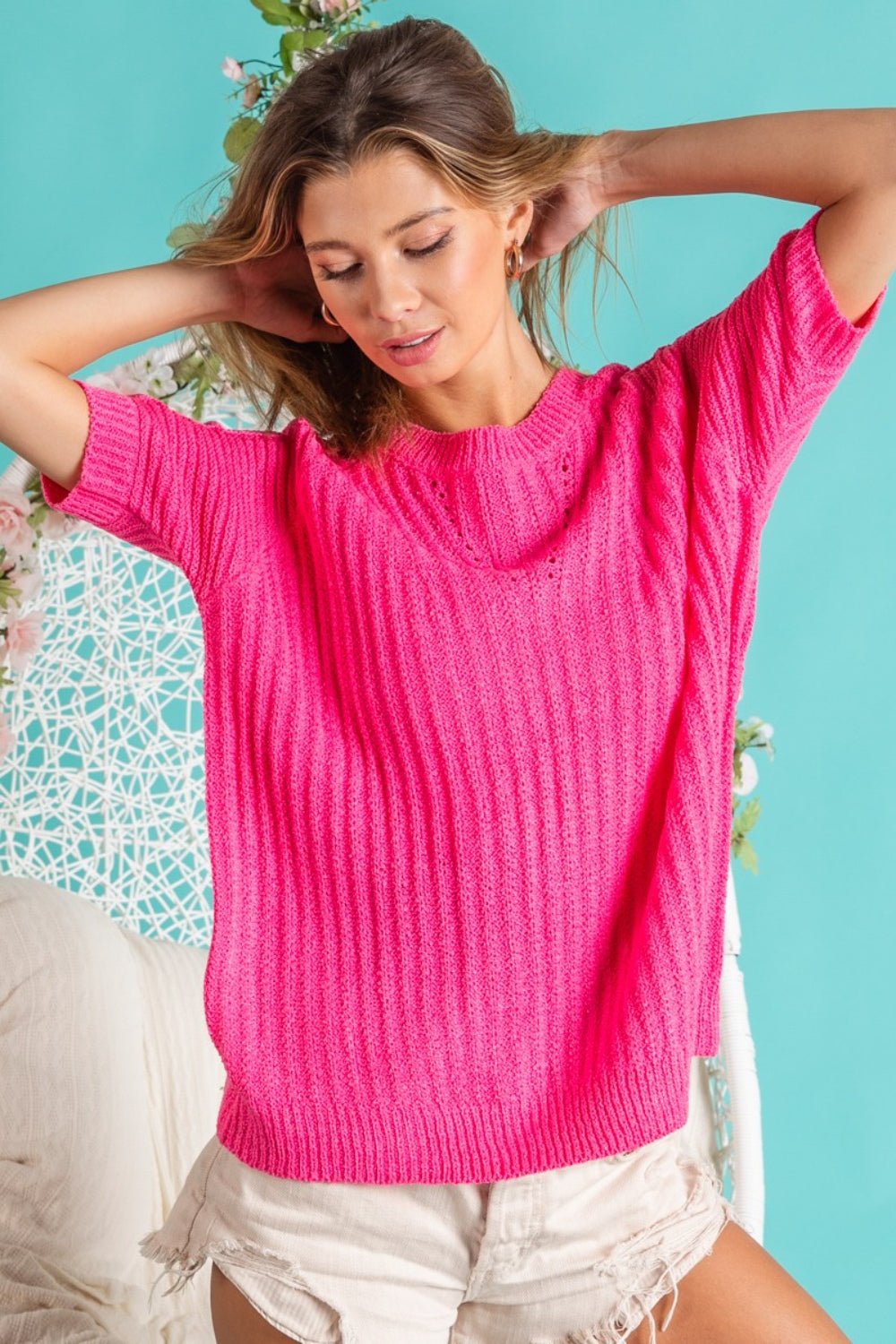 Textured Crew Neck Short Sleeve Knit Top in FuchsiaTopBiBi