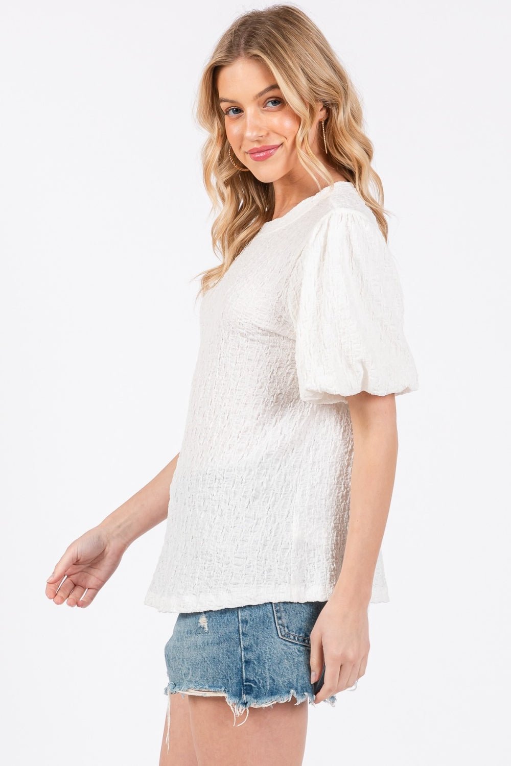 Textured Puff Sleeve Top in IvoryTopCes Femme