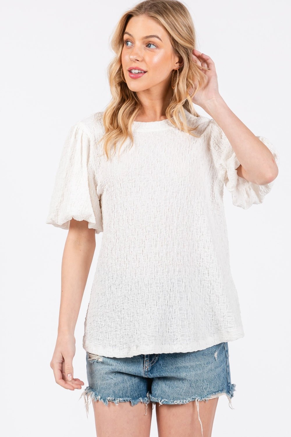 Textured Puff Sleeve Top in IvoryTopCes Femme