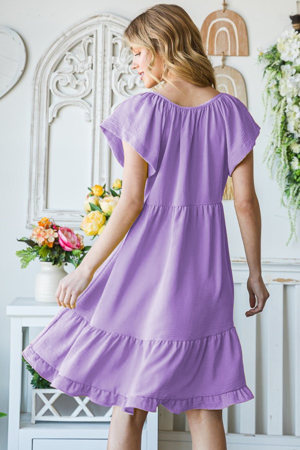 Textured Ruffle Hem Short Sleeve Mini Dress in LavenderMini DressReborn J