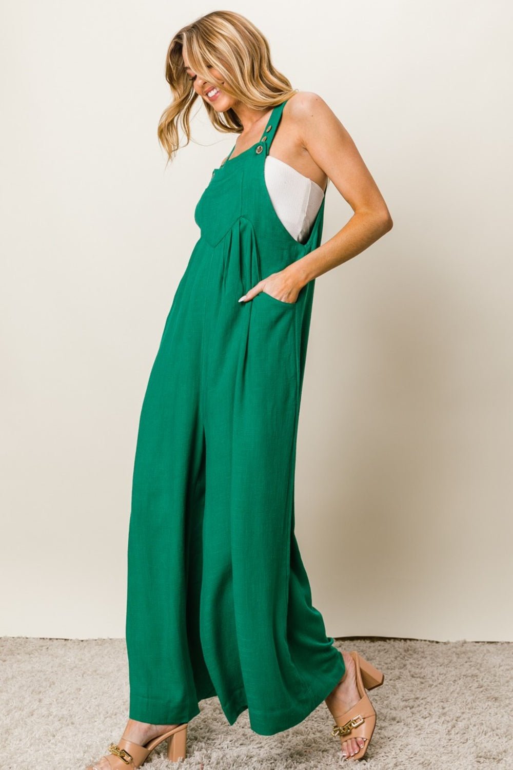 Textured Sleeveless Wide Leg Jumpsuit in JadeJumpsuitBiBi