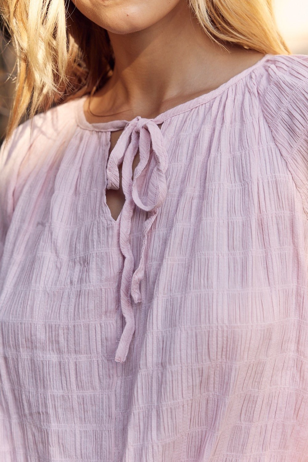Textured Tie Neck Blouse in Dusty PinkBlouseIN FEBRUARY