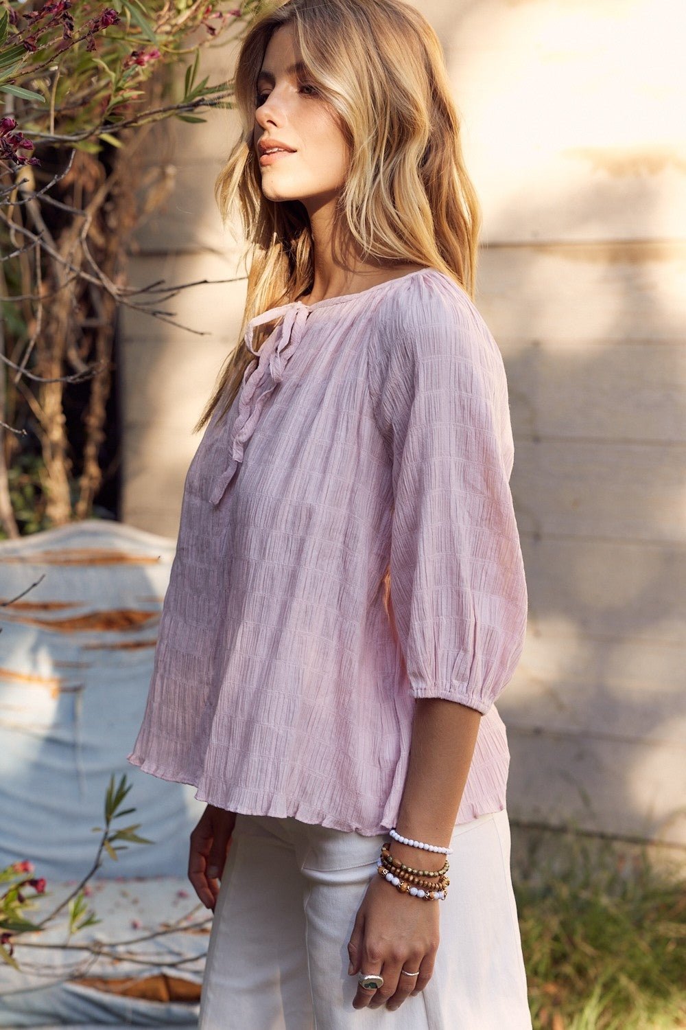 Textured Tie Neck Blouse in Dusty PinkBlouseIN FEBRUARY