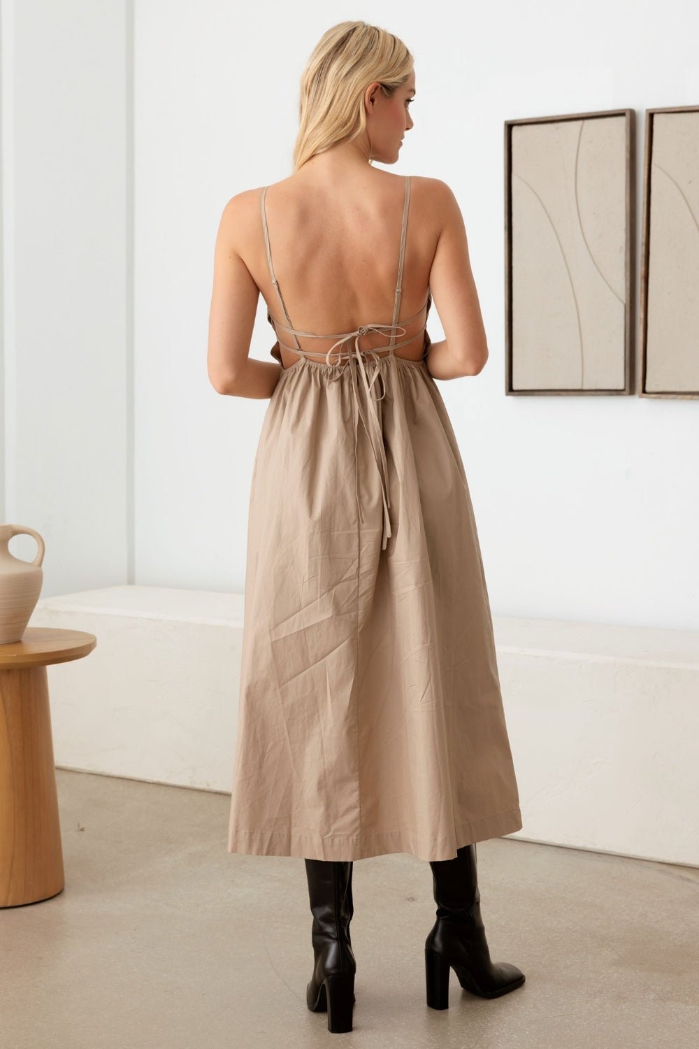 Tie Back Backless Midi Cami Dress in TaupeMidi DressLE LIS