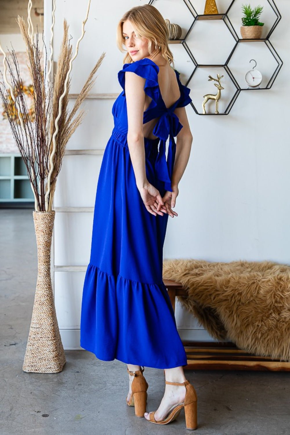 Tie Back Sleeveless Ruffled Midi Dress in Royal BlueMidi DressReborn J