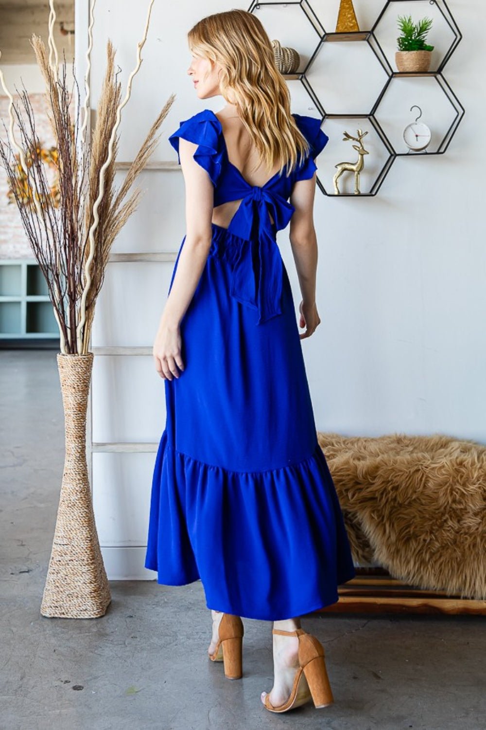 Tie Back Sleeveless Ruffled Midi Dress in Royal BlueMidi DressReborn J