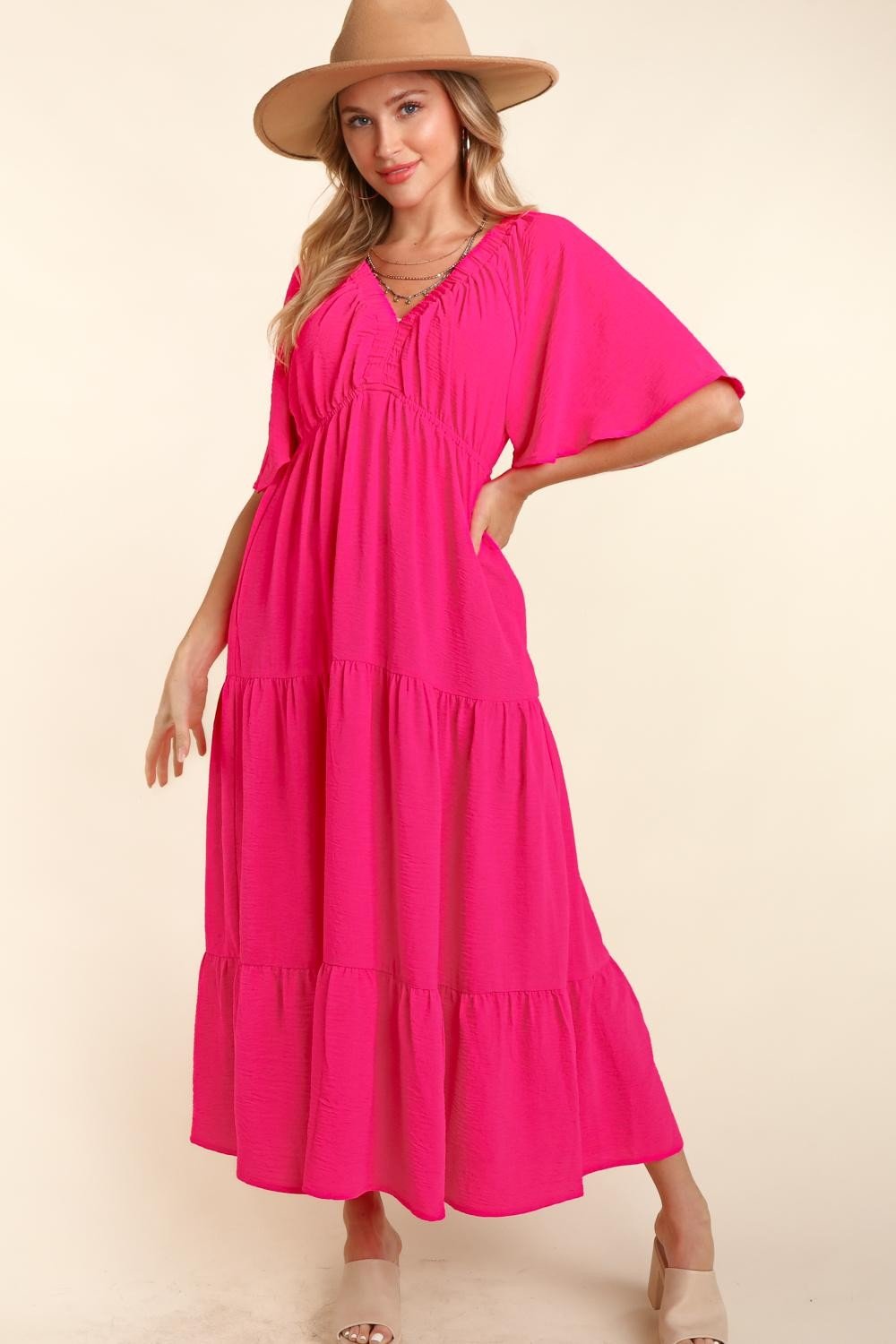 Tiered Babydoll Maxi Dress with Pockets in Hot PinkMaxi DressHaptics
