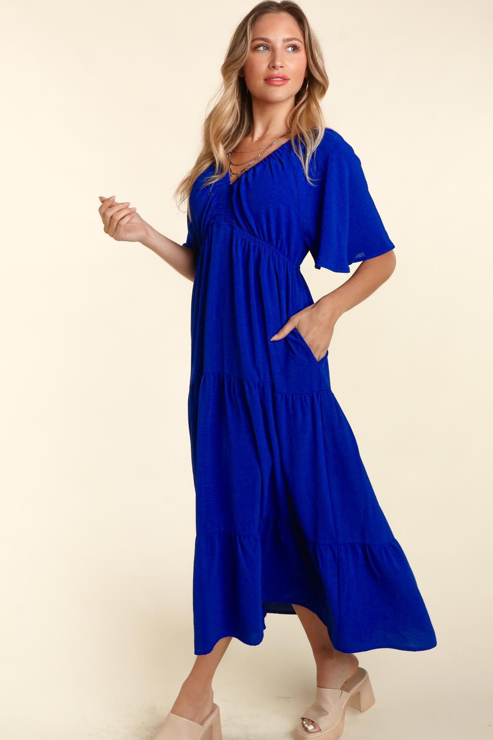 Tiered Babydoll Maxi Dress with Pockets in Royal BlueMaxi DressHaptics