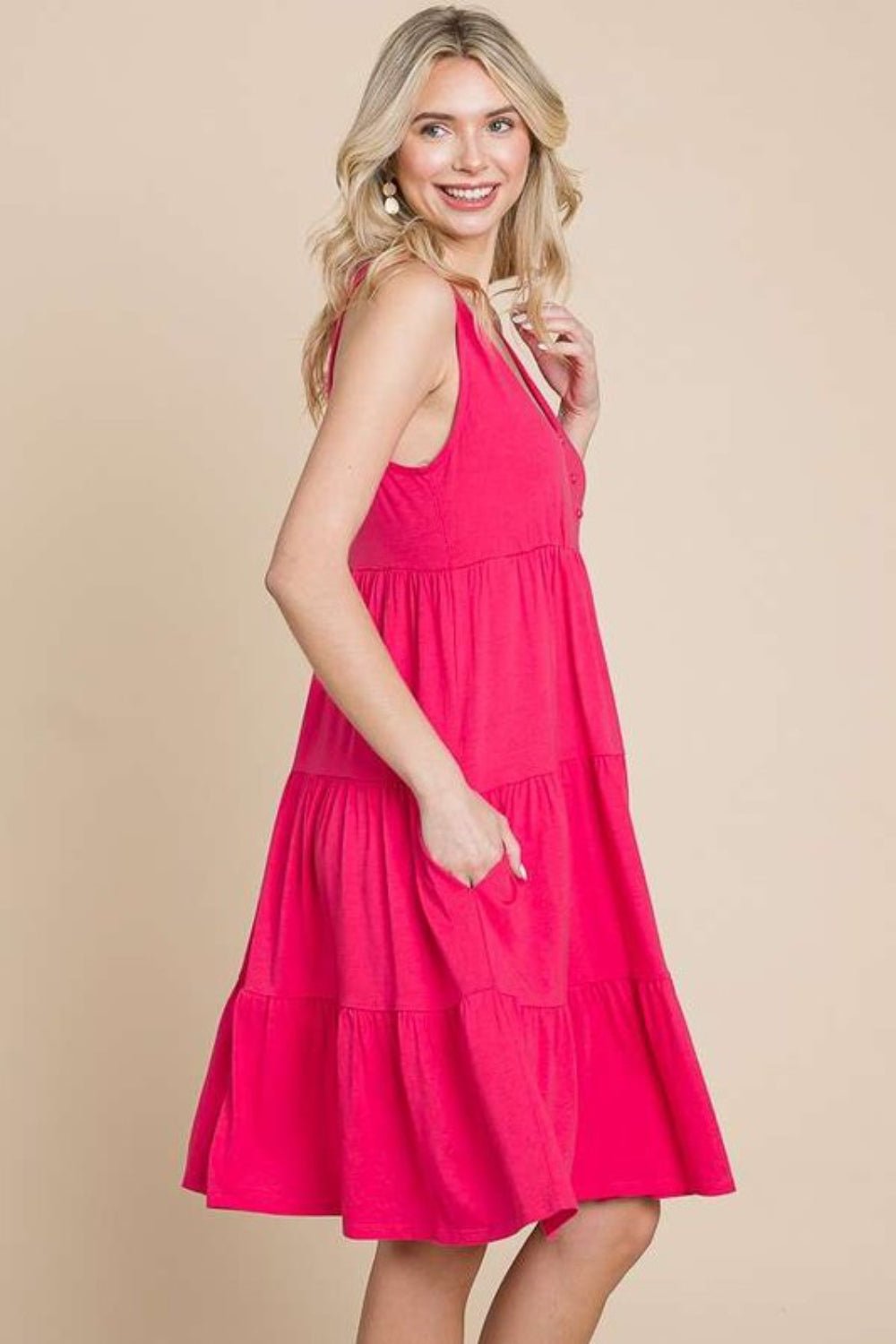 Tiered Sleeveless Plunge Neck Midi Dress in Pink FlashMidi DressCulture Code