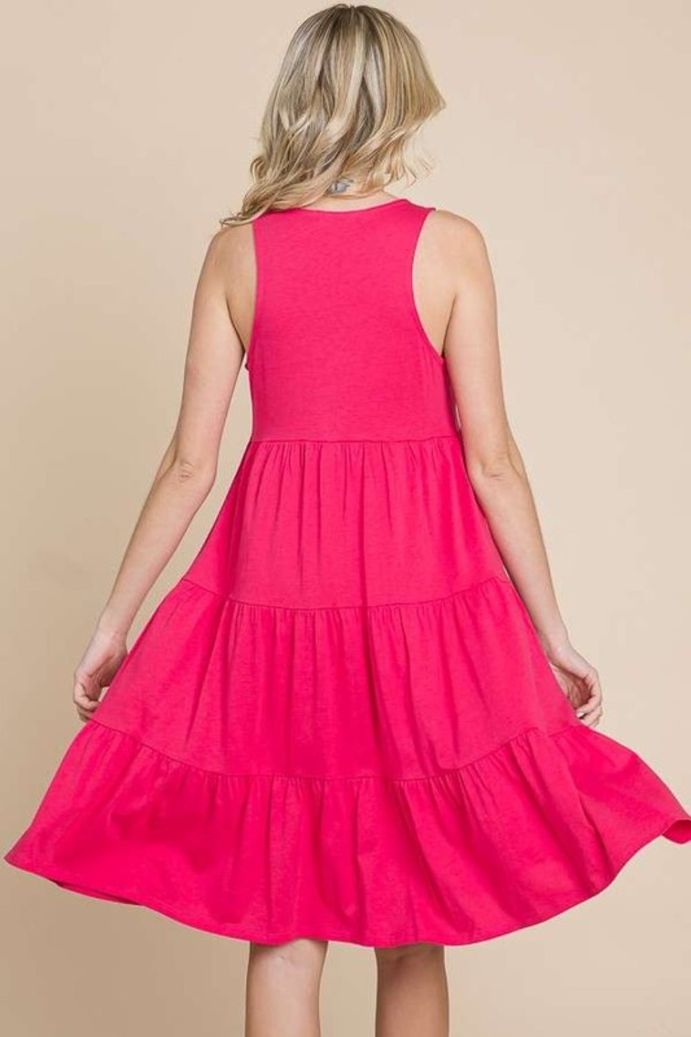 Tiered Sleeveless Plunge Neck Midi Dress in Pink FlashMidi DressCulture Code