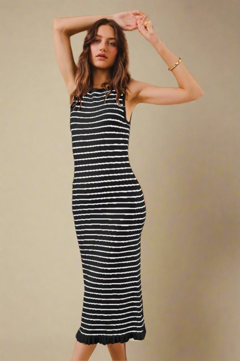 Trendsi - Black & White Stripe Midi Tank Dress