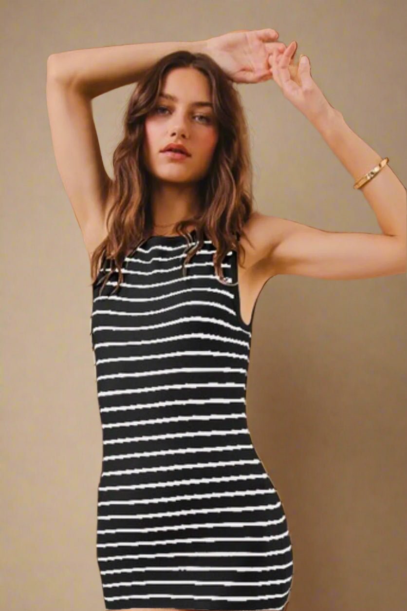 Trendsi - Black & White Stripe Midi Tank Dress