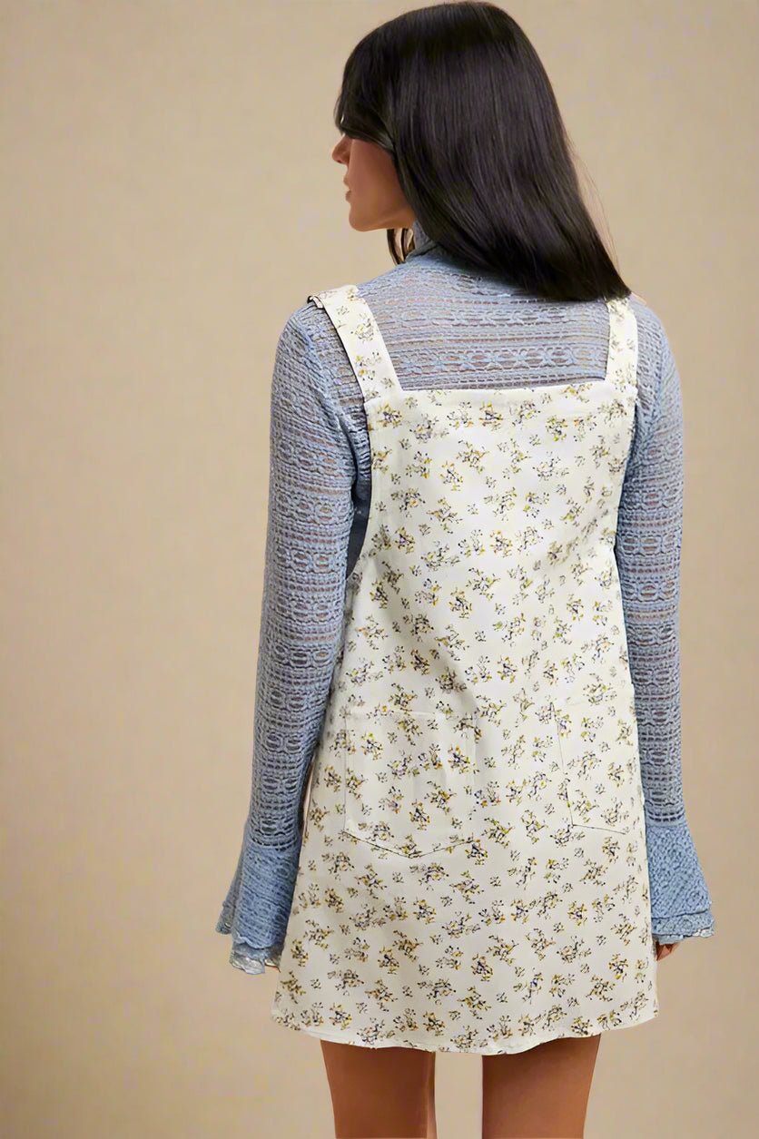 Trendsi - Ivory Ditsy Floral Denim Overall Mini Dress