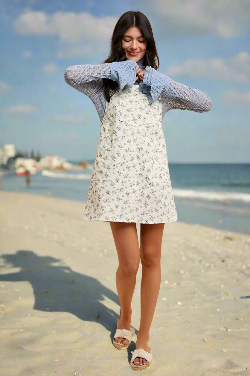 Trendsi - Ivory Ditsy Floral Denim Overall Mini Dress