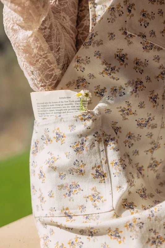 Trendsi - Ivory Ditsy Floral Denim Overall Mini Dress
