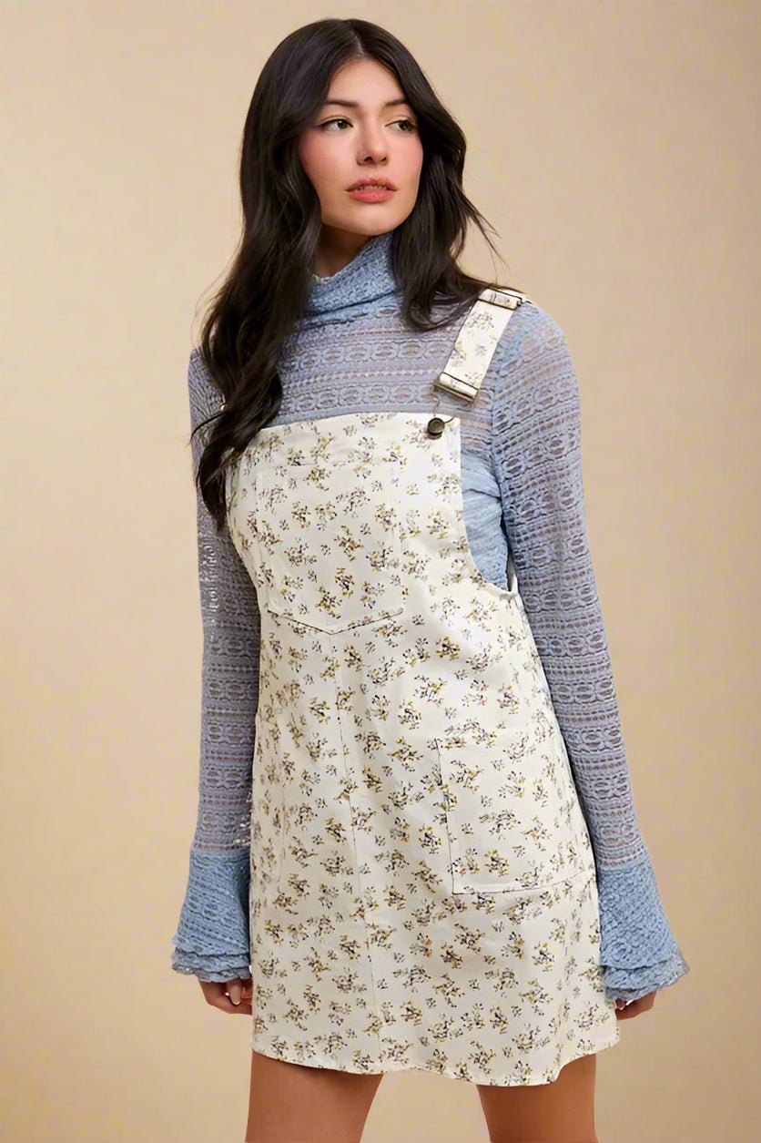 Trendsi - Ivory Ditsy Floral Denim Overall Mini Dress