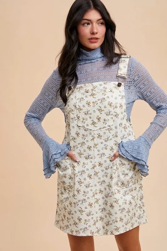 Trendsi - Ivory Ditsy Floral Denim Overall Mini Dress