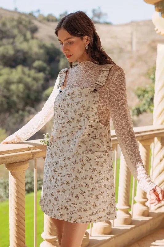 Trendsi - Ivory Ditsy Floral Denim Overall Mini Dress