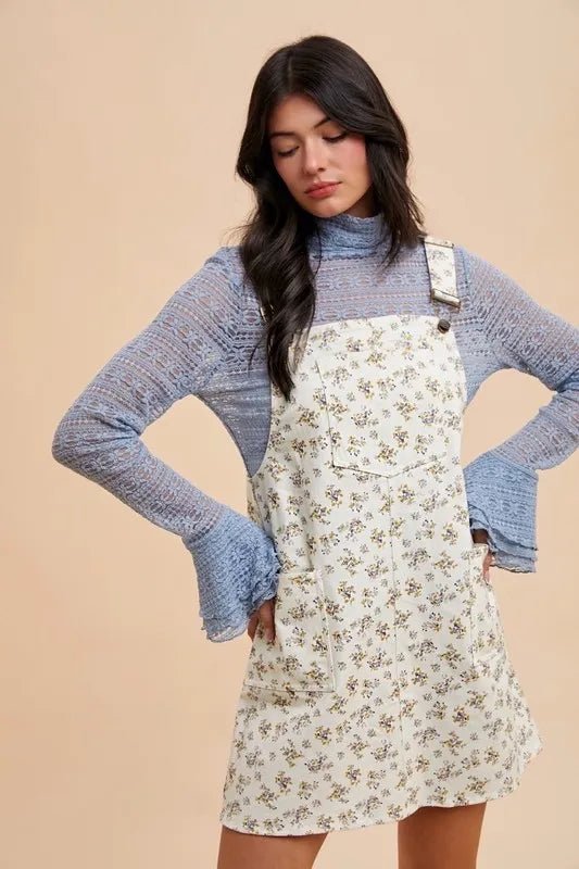 Trendsi - Ivory Ditsy Floral Denim Overall Mini Dress