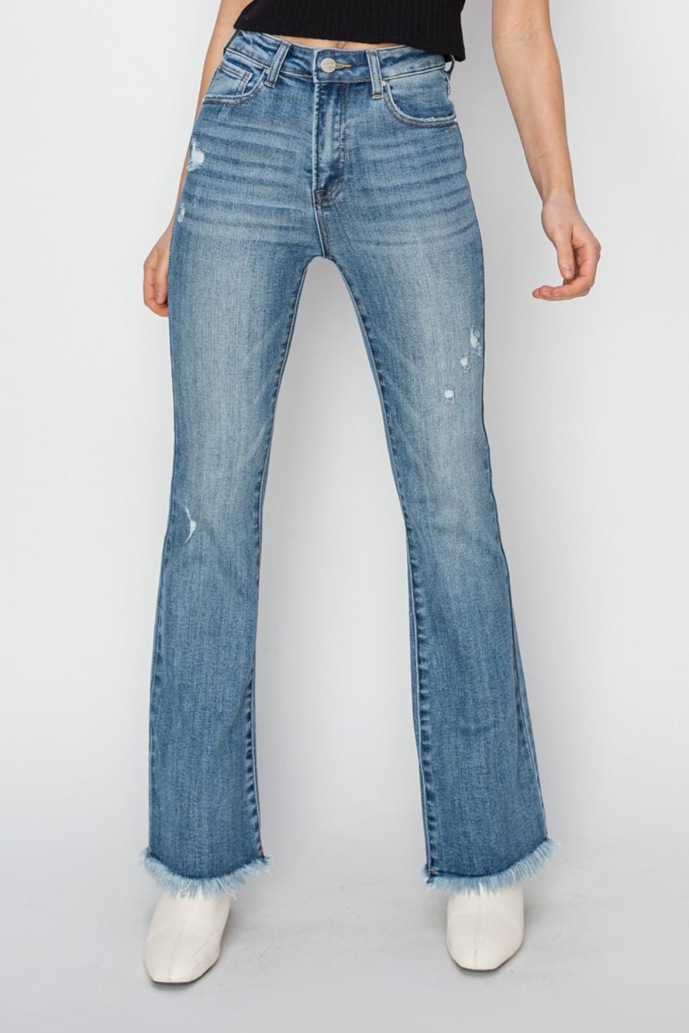 Trendsi - Medium Wash High Rise Frayed Hem Bootcut Jeans