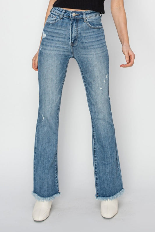 Trendsi - Medium Wash High Rise Frayed Hem Bootcut Jeans