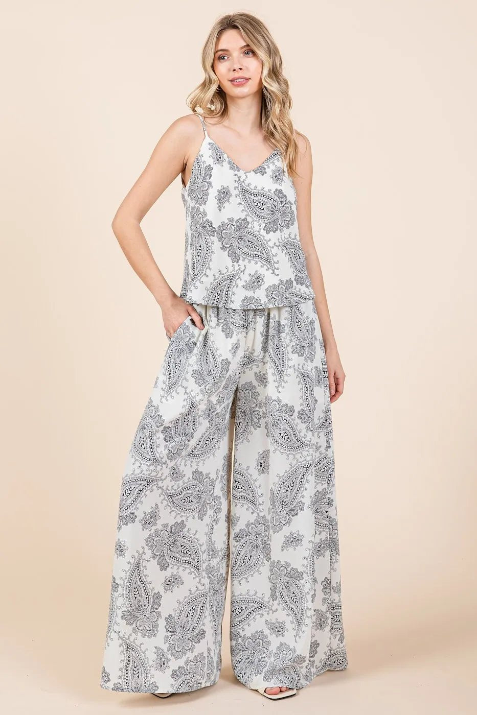 Trendsi - Paisley Cami & Wide Leg Pants Set in Ivory & Charcoal