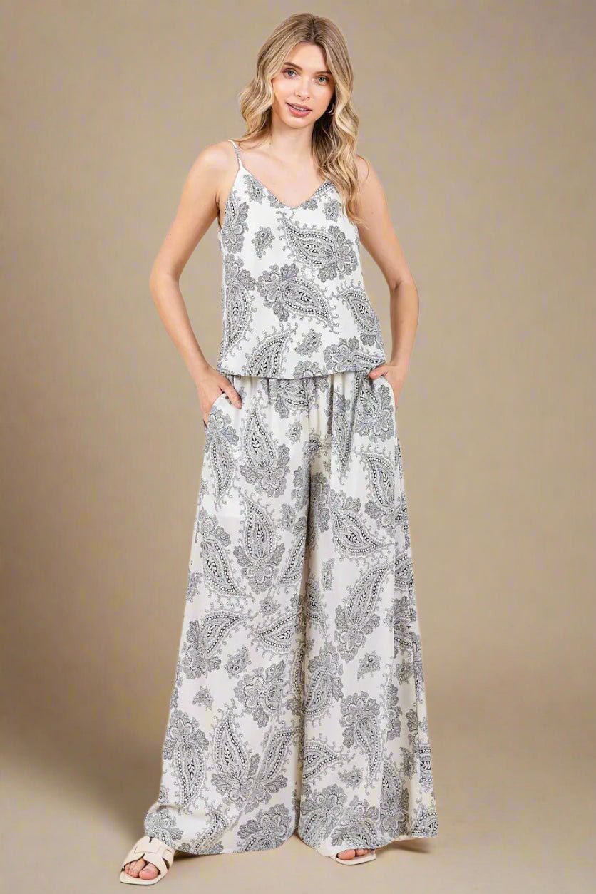 Trendsi - Paisley Cami & Wide Leg Pants Set in Ivory & Charcoal
