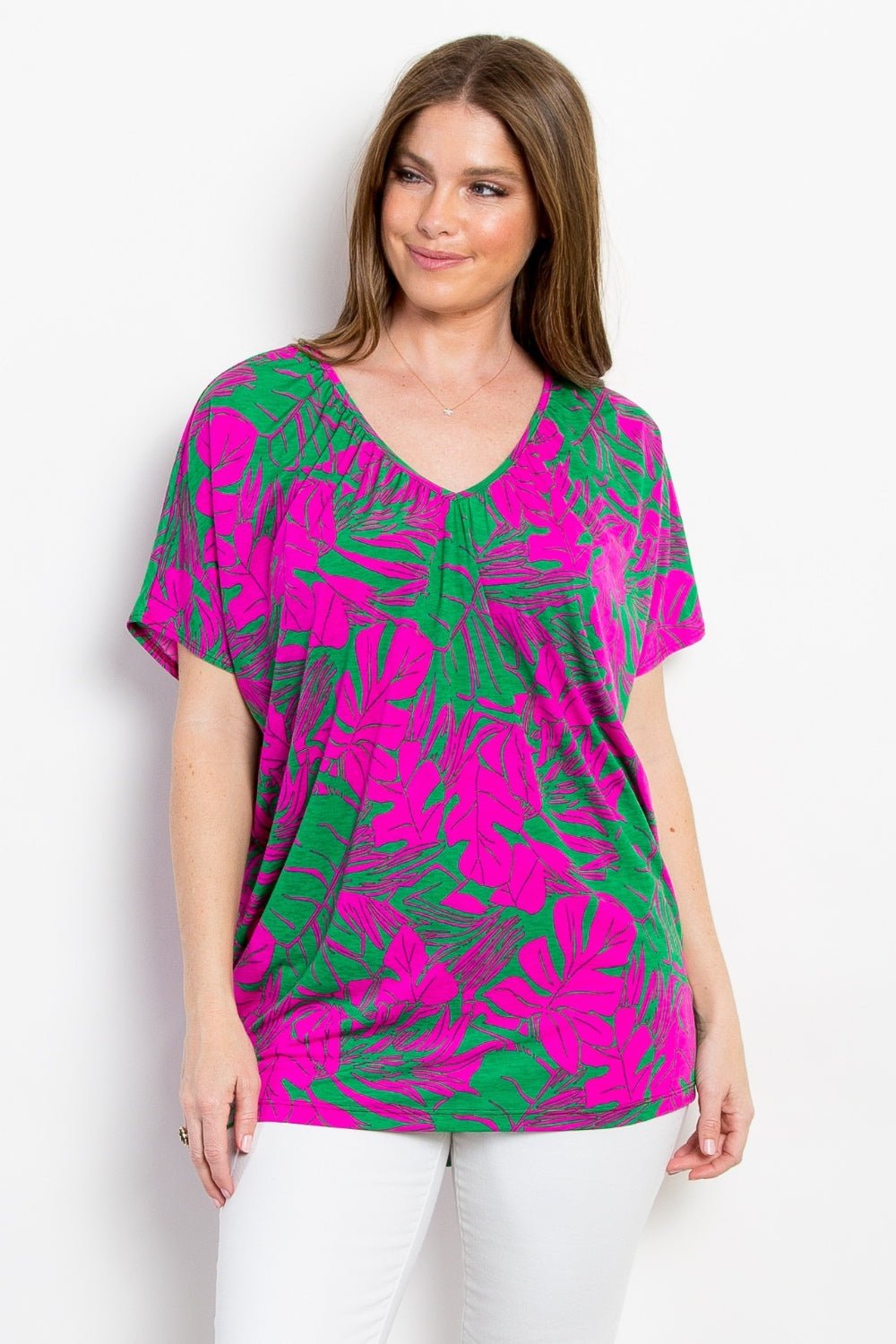 Tropical Print Short Sleeve Top in MagentaTopBe Stage