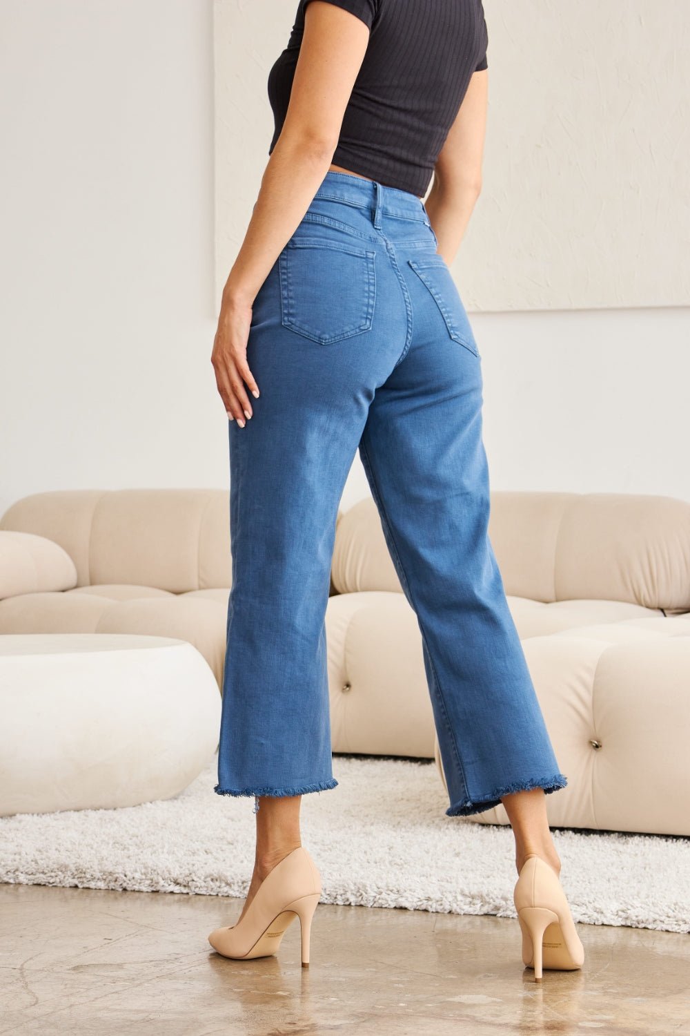 Tummy Control High Waist Raw Hem Crop Jeans in Blue SlateJeansRFM