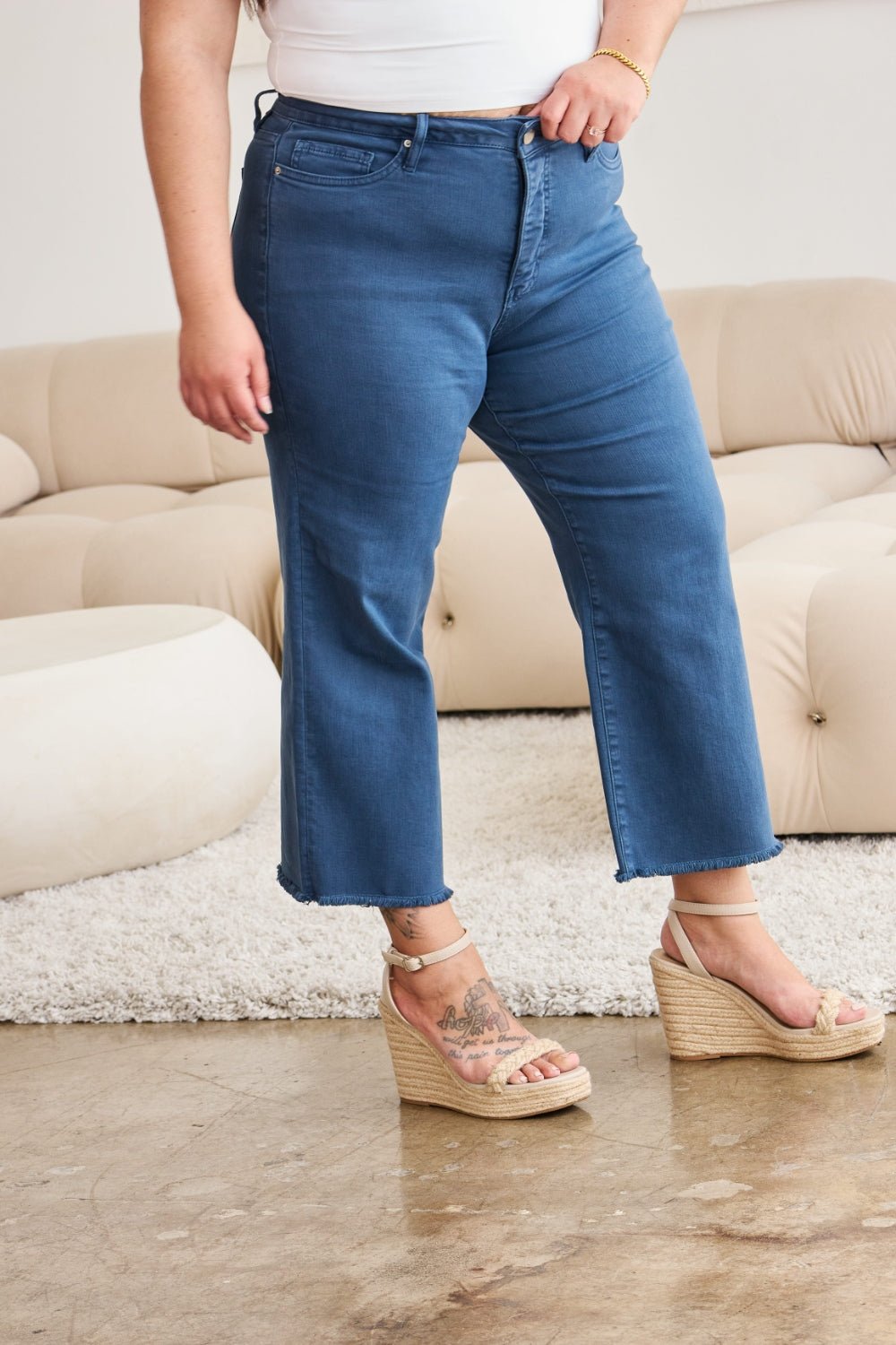 Tummy Control High Waist Raw Hem Crop Jeans in Blue SlateJeansRFM