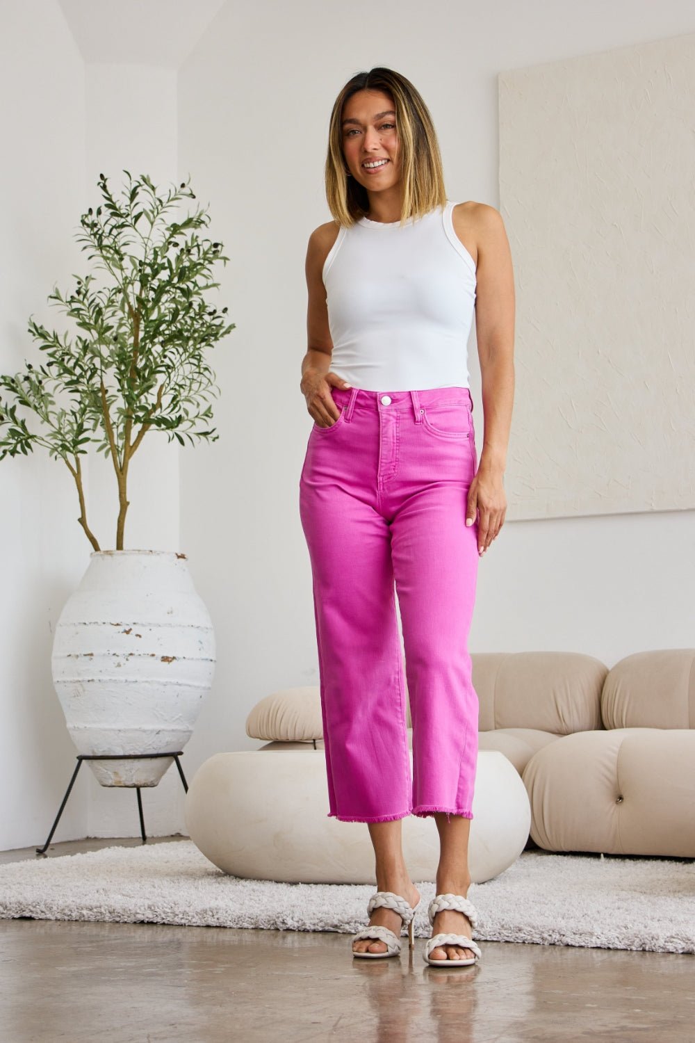 Tummy Control High Waist Raw Hem Crop Jeans in Pink RougeJeansRFM