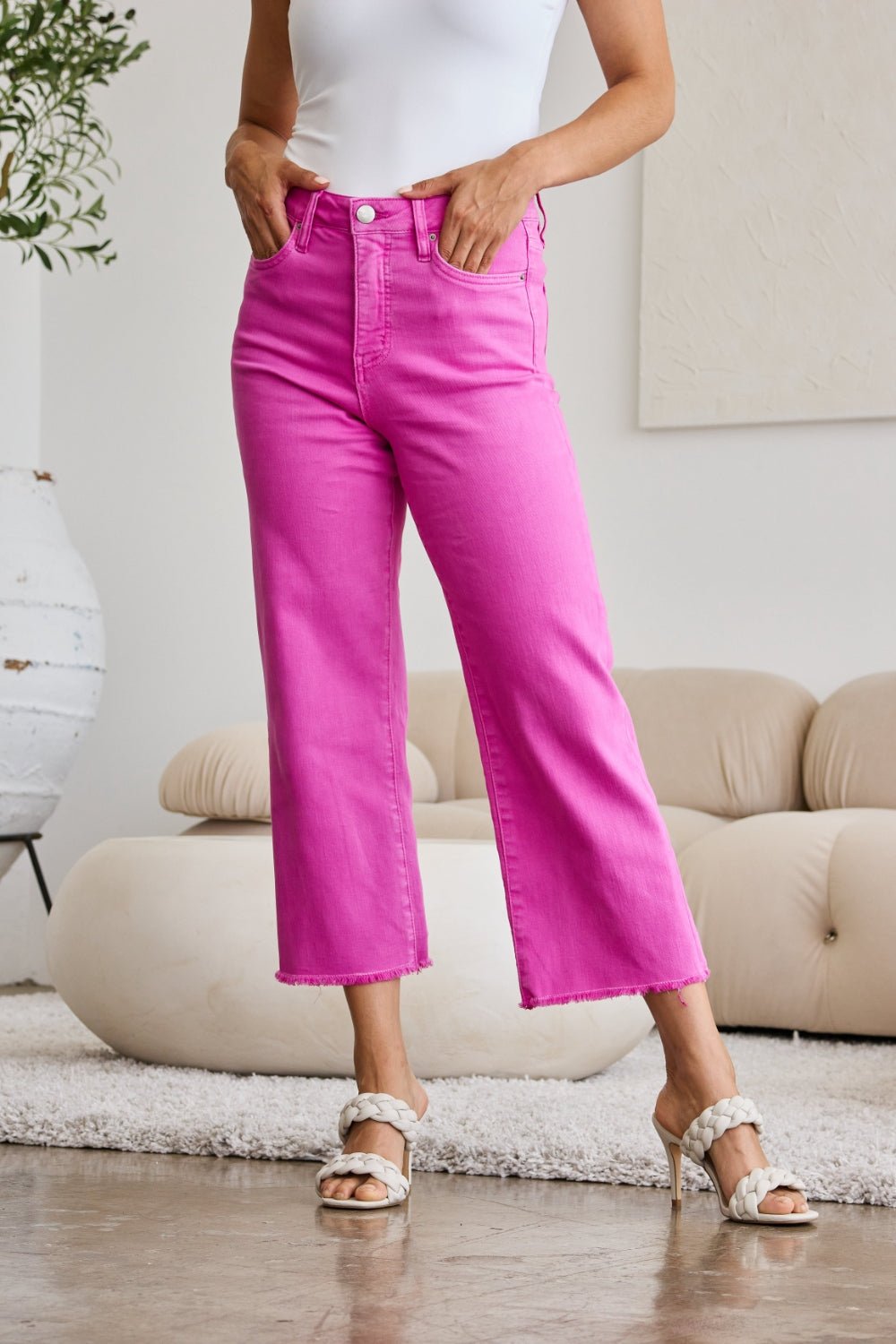 Tummy Control High Waist Raw Hem Crop Jeans in Pink RougeJeansRFM
