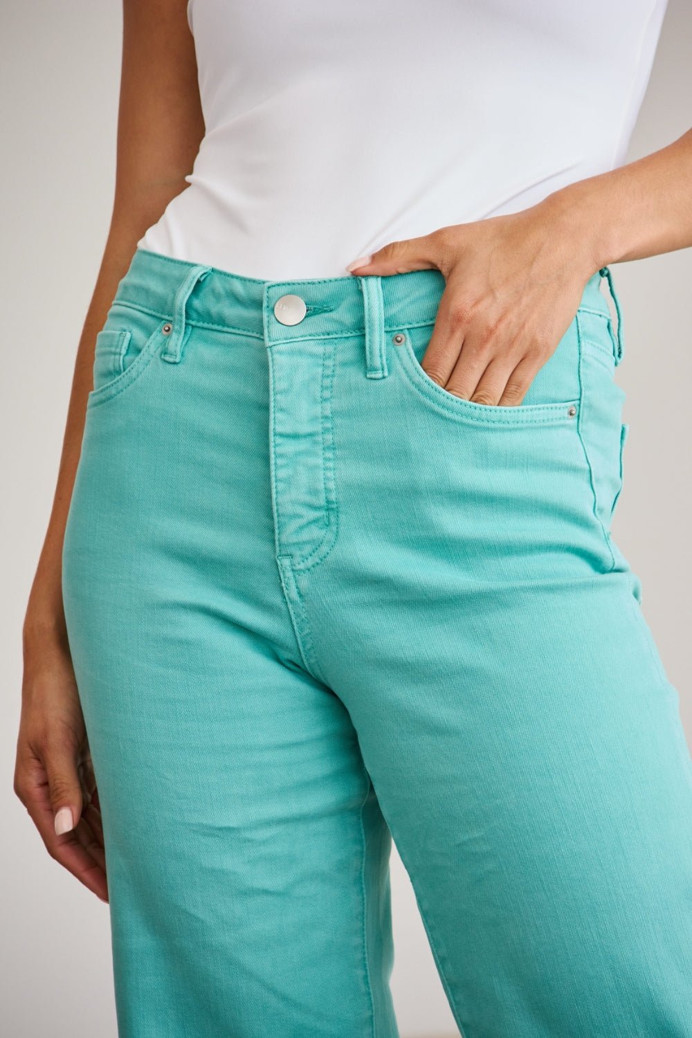 Tummy Control High Waist Raw Hem Jeans in Island GreenJeansRFM